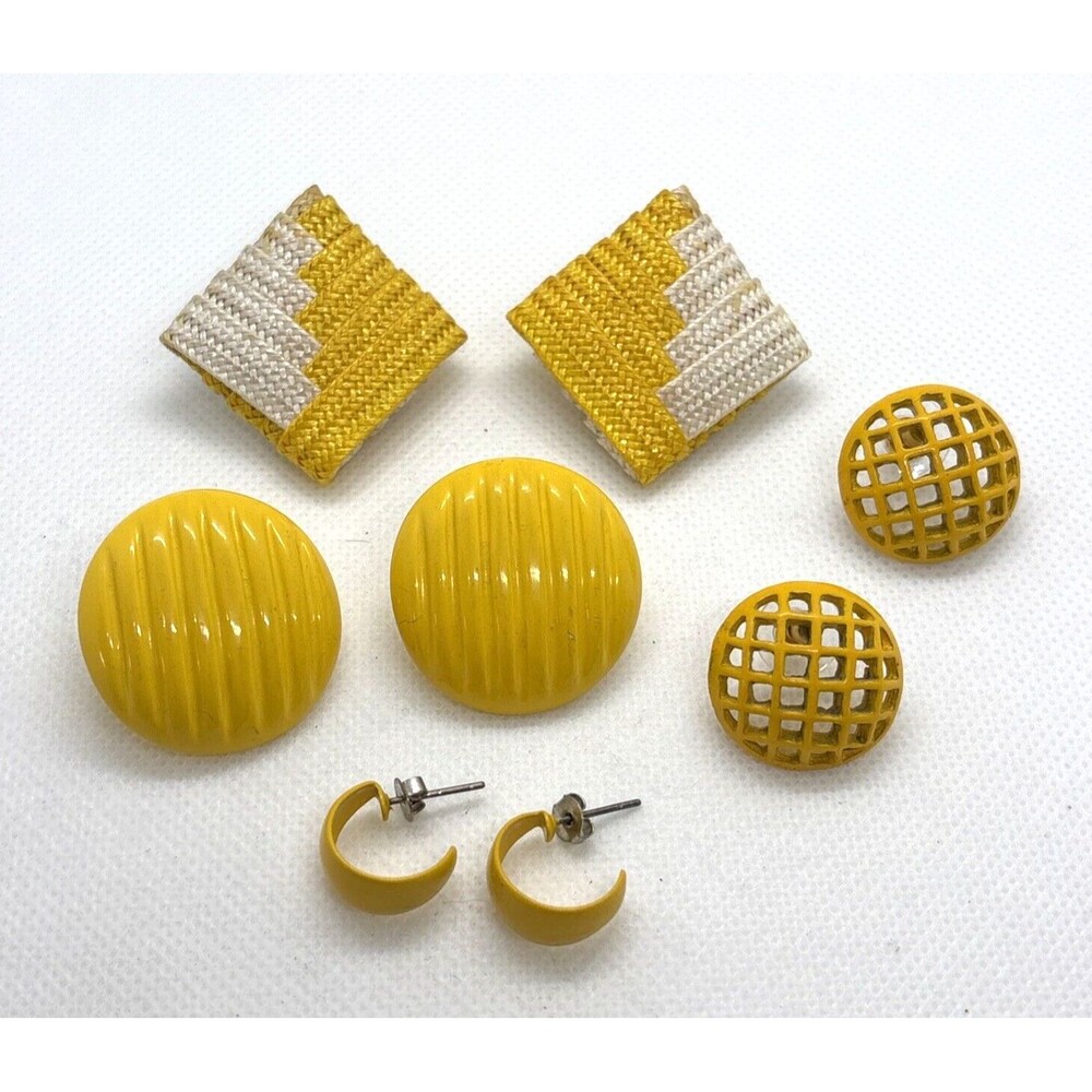 Vintage Lot of 4 Pairs Yellow Dangle Stud Pierced Earrings 80s 90s Statement